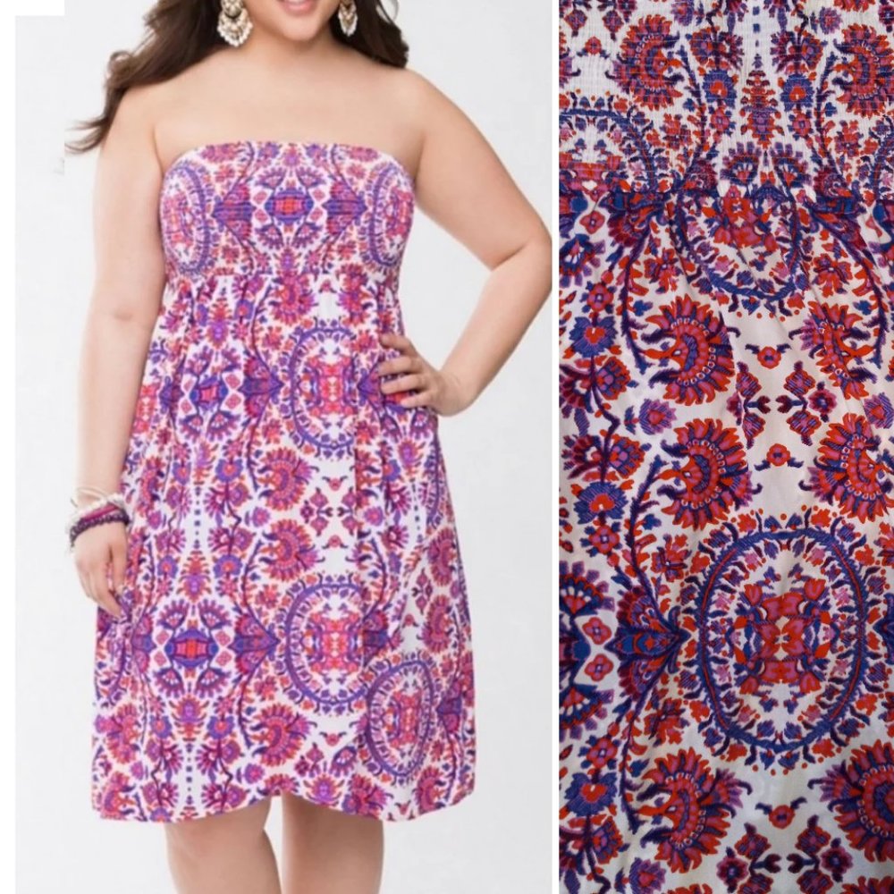Lane Bryant | Colorful Filigree Strapless Smocked Bodice Tulip Hem Dress